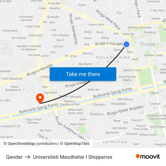 Qender to Universiteti Mesdhetar I Shqiperise map