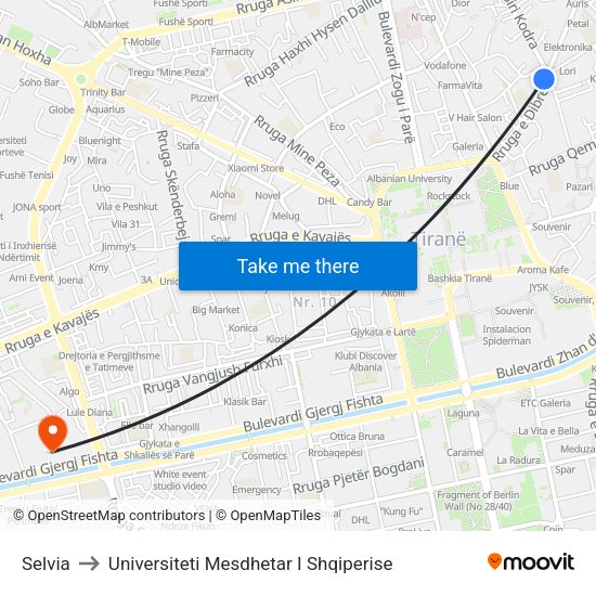Selvia to Universiteti Mesdhetar I Shqiperise map