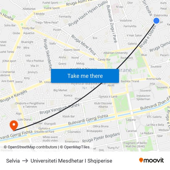 Selvia to Universiteti Mesdhetar I Shqiperise map