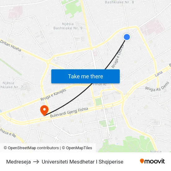Medreseja to Universiteti Mesdhetar I Shqiperise map
