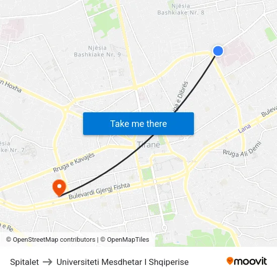 Spitalet to Universiteti Mesdhetar I Shqiperise map