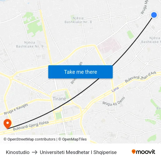 Kinostudio to Universiteti Mesdhetar I Shqiperise map