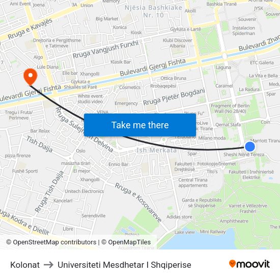 Kolonat to Universiteti Mesdhetar I Shqiperise map