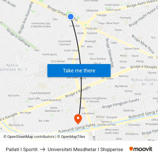 Pallati I Sportit to Universiteti Mesdhetar I Shqiperise map
