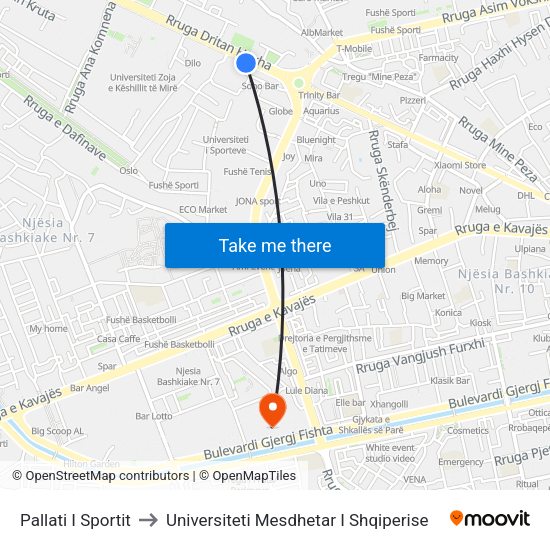Pallati I Sportit to Universiteti Mesdhetar I Shqiperise map