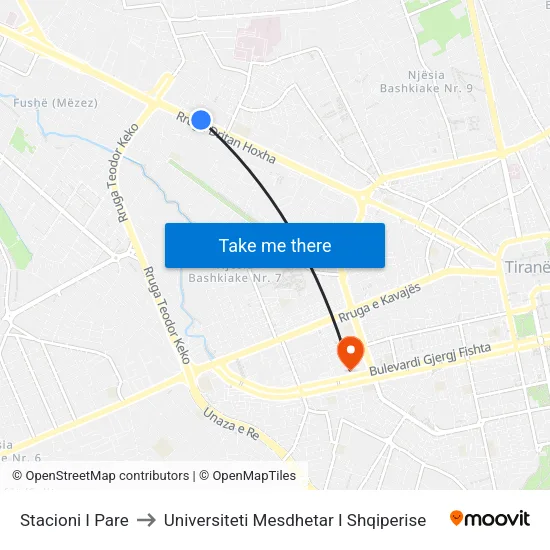 Stacioni I Pare to Universiteti Mesdhetar I Shqiperise map