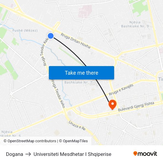 Dogana to Universiteti Mesdhetar I Shqiperise map