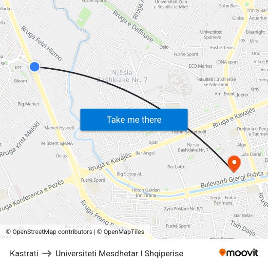 Kastrati to Universiteti Mesdhetar I Shqiperise map