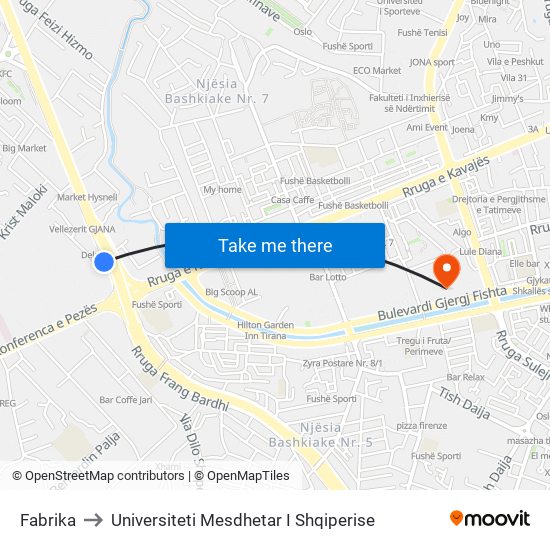 Fabrika to Universiteti Mesdhetar I Shqiperise map