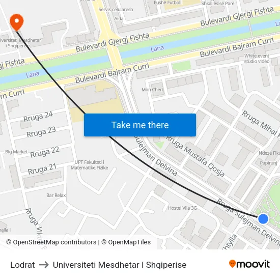 Lodrat to Universiteti Mesdhetar I Shqiperise map