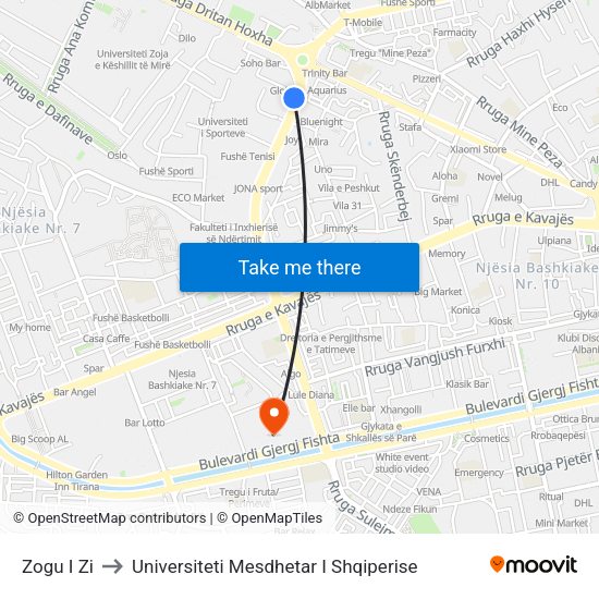 Zogu I Zi to Universiteti Mesdhetar I Shqiperise map