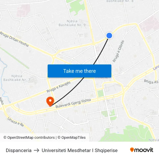 Dispanceria to Universiteti Mesdhetar I Shqiperise map
