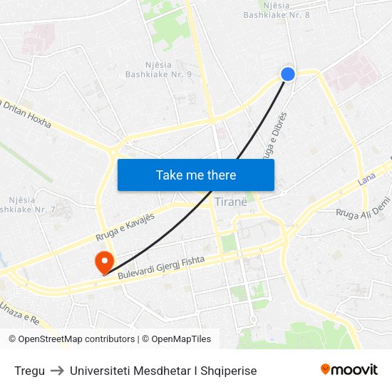 Tregu to Universiteti Mesdhetar I Shqiperise map