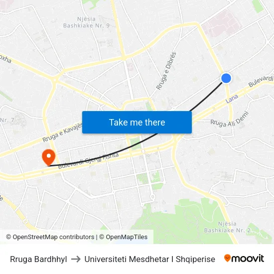 Rruga Bardhhyl to Universiteti Mesdhetar I Shqiperise map