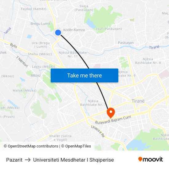 Pazarit to Universiteti Mesdhetar I Shqiperise map