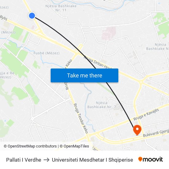 Pallati I Verdhe to Universiteti Mesdhetar I Shqiperise map