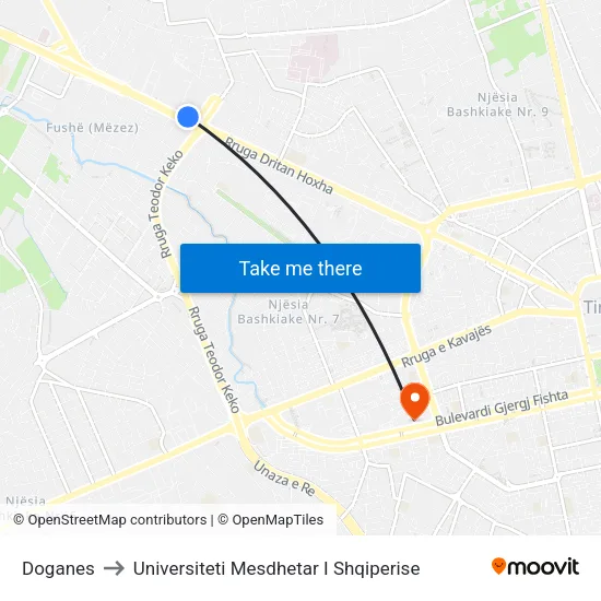 Doganes to Universiteti Mesdhetar I Shqiperise map