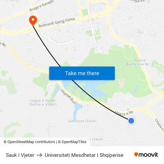 Sauk I Vjeter to Universiteti Mesdhetar I Shqiperise map