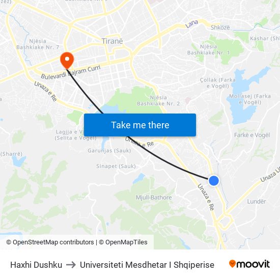Haxhi Dushku to Universiteti Mesdhetar I Shqiperise map
