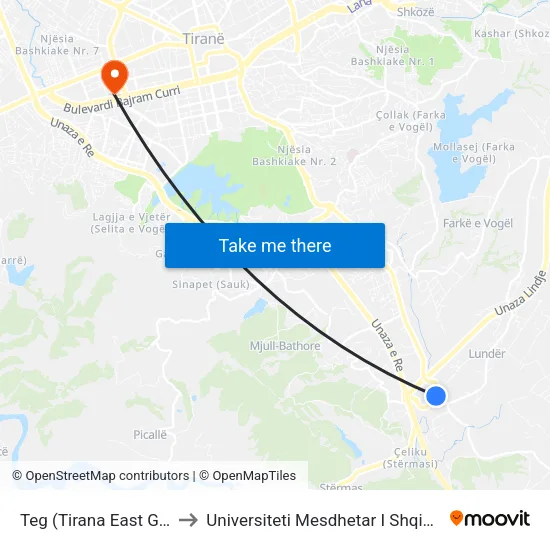 Teg (Tirana East Gate) to Universiteti Mesdhetar I Shqiperise map