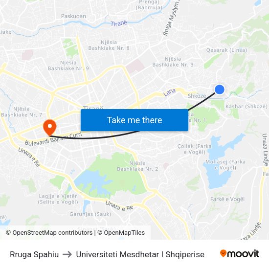 Rruga Spahiu to Universiteti Mesdhetar I Shqiperise map