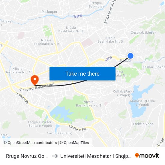 Rruga Novruz Qoshja to Universiteti Mesdhetar I Shqiperise map