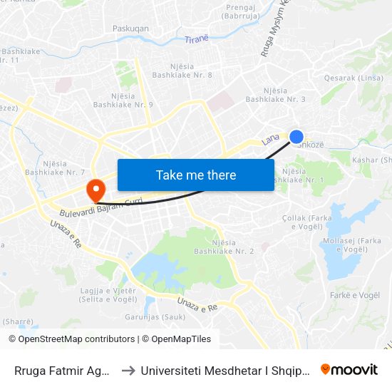 Rruga Fatmir Agalliu to Universiteti Mesdhetar I Shqiperise map