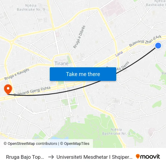 Rruga Bajo Topulli to Universiteti Mesdhetar I Shqiperise map