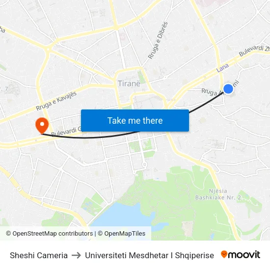Sheshi Cameria to Universiteti Mesdhetar I Shqiperise map