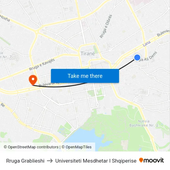 Rruga Grablieshi to Universiteti Mesdhetar I Shqiperise map