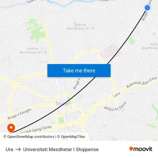 Ura to Universiteti Mesdhetar I Shqiperise map