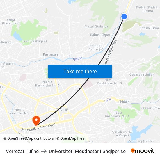 Verrezat Tufine to Universiteti Mesdhetar I Shqiperise map