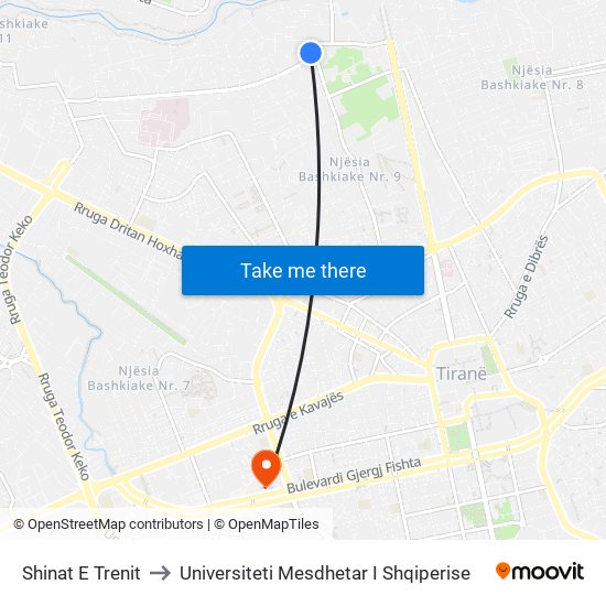 Shinat E Trenit to Universiteti Mesdhetar I Shqiperise map