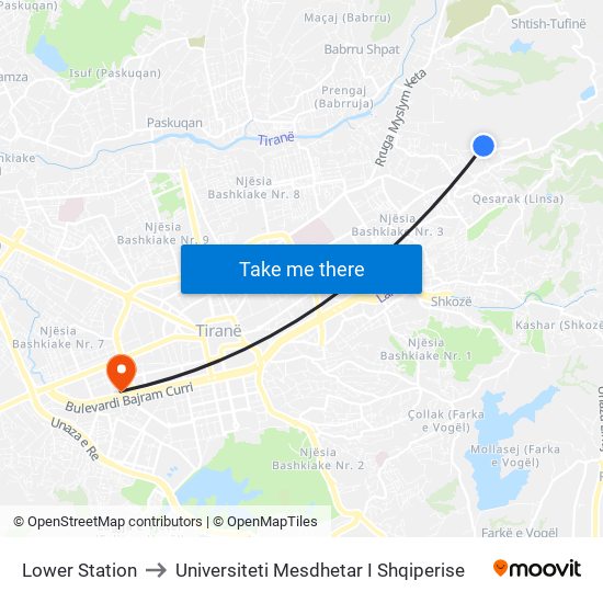 Lower Station to Universiteti Mesdhetar I Shqiperise map