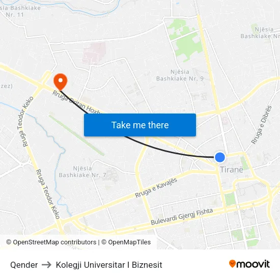 Qender to Kolegji Universitar I Biznesit map