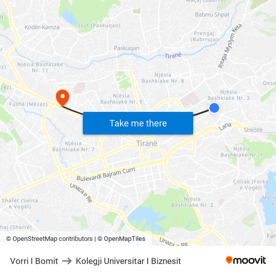 Vorri I Bomit to Kolegji Universitar I Biznesit map