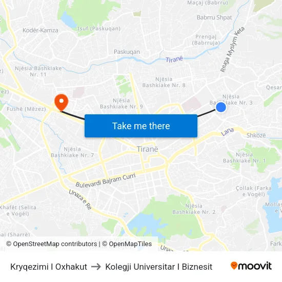 Kryqezimi I Oxhakut to Kolegji Universitar I Biznesit map