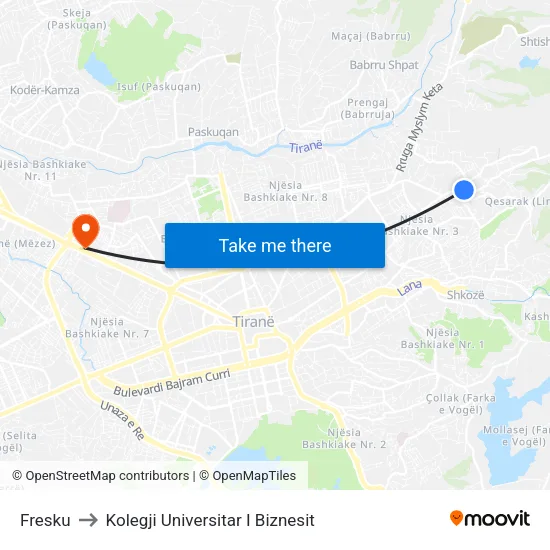 Fresku to Kolegji Universitar I Biznesit map