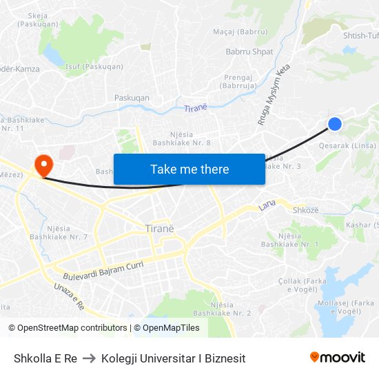 Shkolla E Re to Kolegji Universitar I Biznesit map