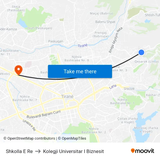 Shkolla E Re to Kolegji Universitar I Biznesit map
