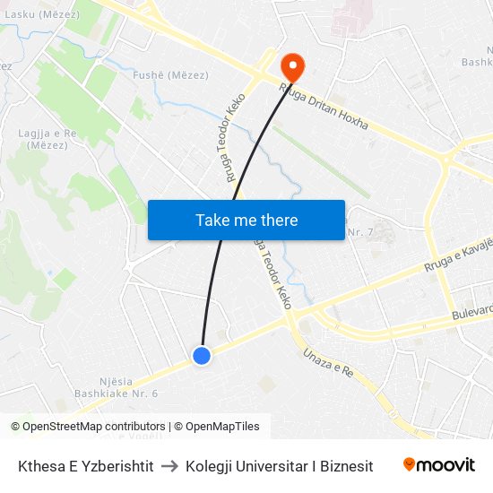 Kthesa E Yzberishtit to Kolegji Universitar I Biznesit map