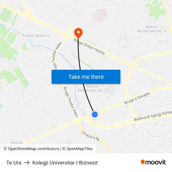 Te Ura to Kolegji Universitar I Biznesit map