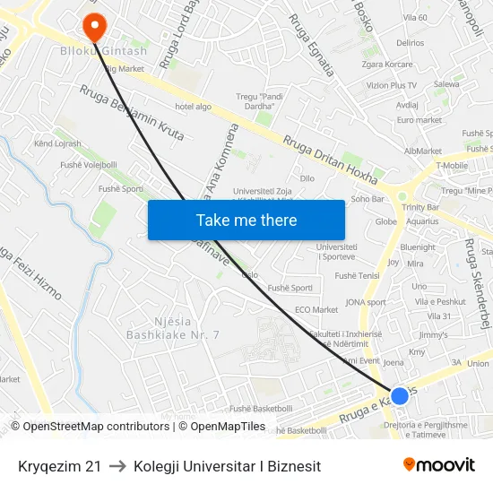 Kryqezim 21 to Kolegji Universitar I Biznesit map