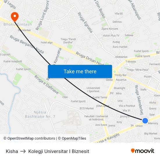 Kisha to Kolegji Universitar I Biznesit map