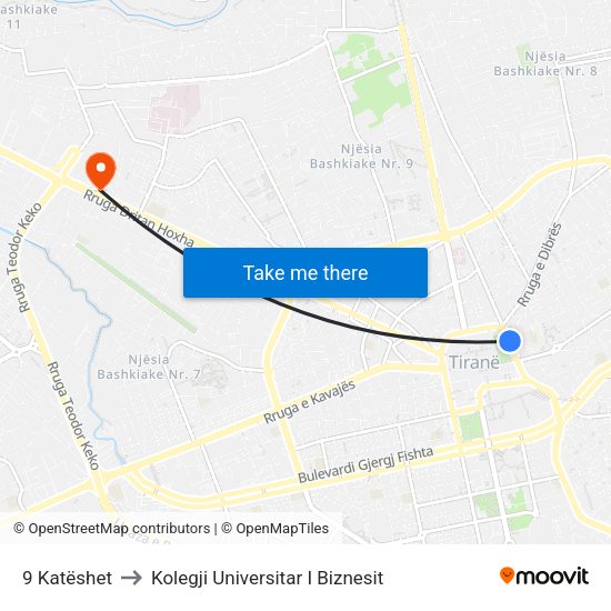 9 Katëshet to Kolegji Universitar I Biznesit map