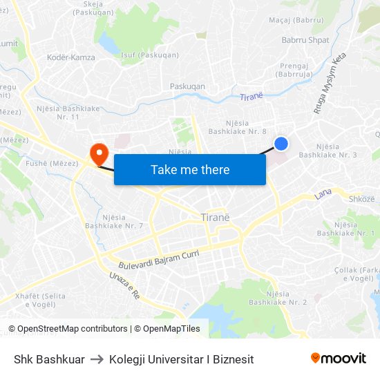 Shk Bashkuar to Kolegji Universitar I Biznesit map