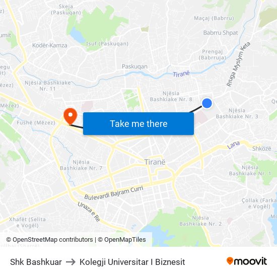 Shk Bashkuar to Kolegji Universitar I Biznesit map