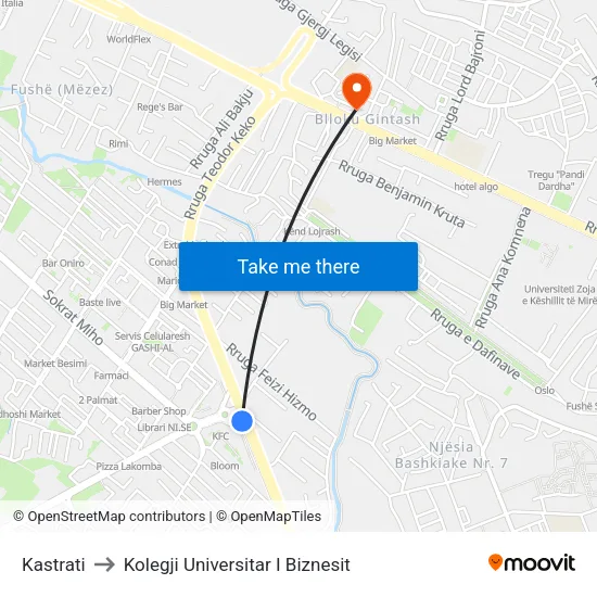 Kastrati to Kolegji Universitar I Biznesit map