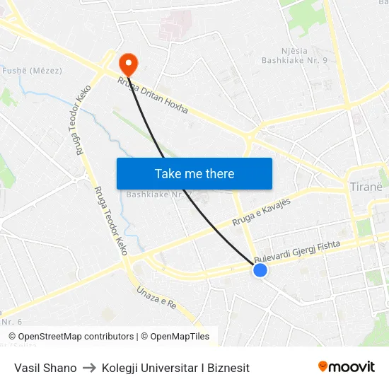 Vasil Shano to Kolegji Universitar I Biznesit map