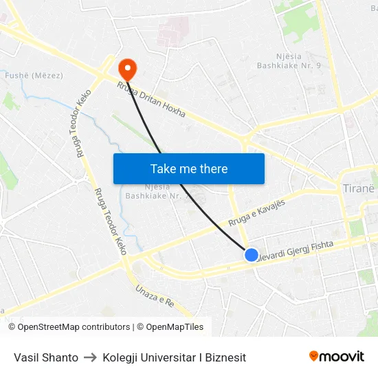 Vasil Shanto to Kolegji Universitar I Biznesit map